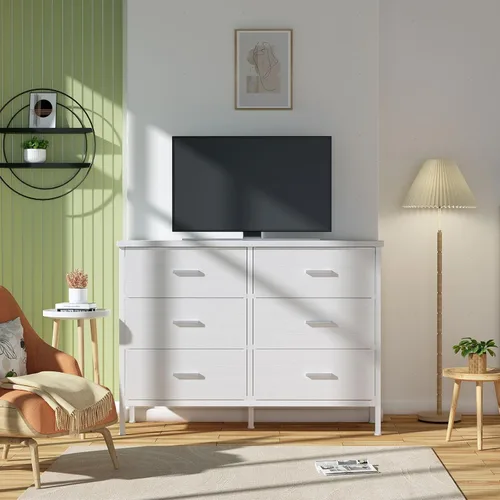 Miniatura 7 de BOLUO Cómoda blanca para dormitorio, 6 cajones, soporte de TV ancho para aparadores de TV de 50 pulgadas y cajoneras de tela para armario moderno