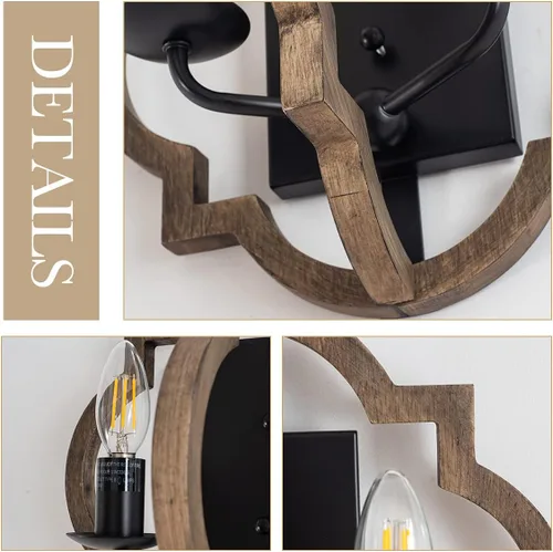 Miniatura 6 de VILUXY Apliques de pared de madera retro industrial, lámpara de pared geométrica de granja, lámparas de pared negras para dormitorio, pasillo