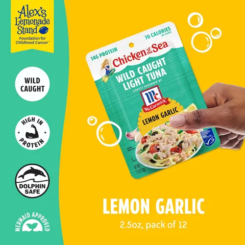 Miniatura 3 de Chicken of the Sea Atún ligero capturado en la naturaleza con ajo y limón ligeramente sazonado, paquetes de 2.5 onzas, 12 unidades - Atún alto