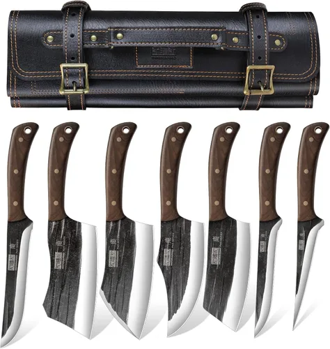 HOSHANHO Juego de cuchillos de carnicero, juego de cuchillos de chef de carnicero forjados a mano con bolsa de rollo, cuchillo afilado para carne,