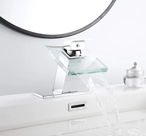 Miniatura 5 de Grifo de baño con salida de agua en cascada, diseño moderno, de un solo mango, un solo agujero, grifo de lavamanos de vidrio, cromado, de latón Cromo