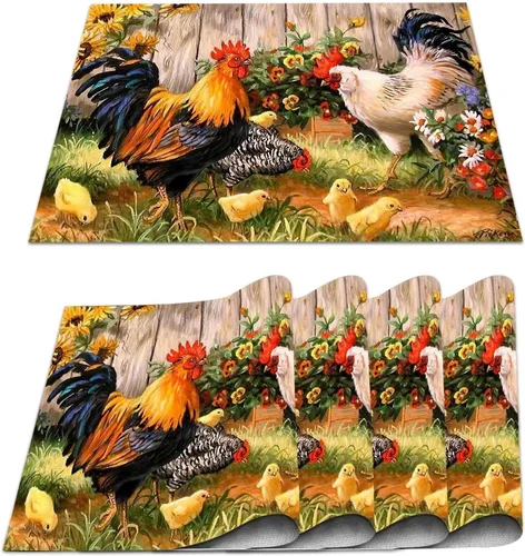 Juego de 4 manteles individuales de gallo para gallina y pollos de PVC, antideslizantes, resistentes al calor, lavables, para el hogar, cocina,