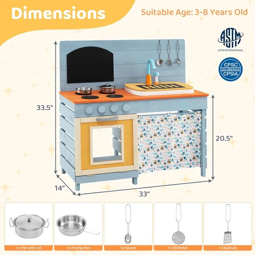 Miniatura 7 de HONEY JOY Cocina de barro, cocina de madera de cedro para niños pequeños, grifo real con agua corriente, fregadero, accesorios de cocina, pizarra