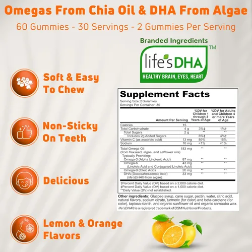 Miniatura 2 de Omega 3 para niños, apoyo para el cerebro, los ojos, el corazón y el sistema inmunológico con DHA, gomitas Omega 3 para niños, veganas, a base