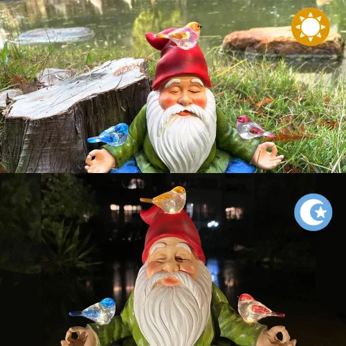 Miniatura 3 de Gnomo alimentado por energía solar con sombrero rojo y 3 pájaros, adorno de jardín de resina con luz LED, estatua de decoración al aire libre