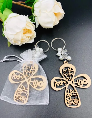 12pcs bautismo nuevo diseño cruz madera llavero confirmación/bautismo/comunión favores para niño o niña recuerdos de bautizo