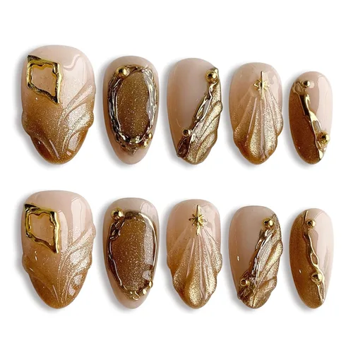 Miniatura 22 de Uñas postizas medianas a presión de almendra, con lazo 3D, perlas y diamantes de imitación, diseños de flores, uñas adhesivas, uñas acrílicas