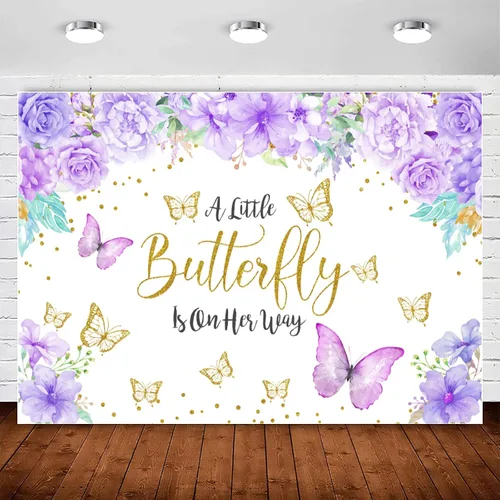 Telón de fondo morado floral de mariposa para baby shower, lavanda con texto en inglés "A Little Butterfly is On The Way", telón de fondo para