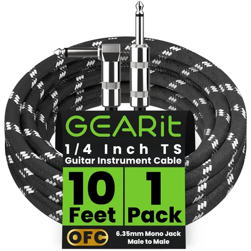 GEARit Cable de instrumento de audio (10 pies) en ángulo recto a recto de 1/4 de pulgada macho a macho para cable AMP, base y guitarra eléctrica,