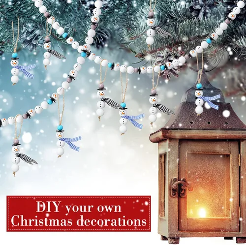 Miniatura 4 de 180 piezas de cuentas de madera de muñeco de nieve de Navidad con estampado de tartán de búfalo de Navidad, cuentas de madera redondas de invierno
