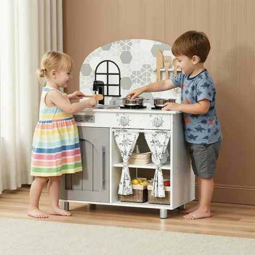 Miniatura 6 de Arlopu Juego de cocina interactiva para niños con armario con cortina, perillas, grifo y fregadero, lavadora, accesorios de utensilios de cocina