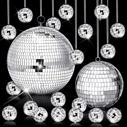 17 Piezas de Decoración de Bola de Discoteca: Mini Bolas de Discoteca de Espejo Colgantes Grandes de Varios Tamaños - Adornos de Navidad Plateados