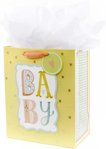 Miniatura 9 de Hallmark Bolsa de regalo mediana para bebé de 9 pulgadas con papel de seda, cartel de bebé en gris, rosa y azul para baby showers, nuevos padres