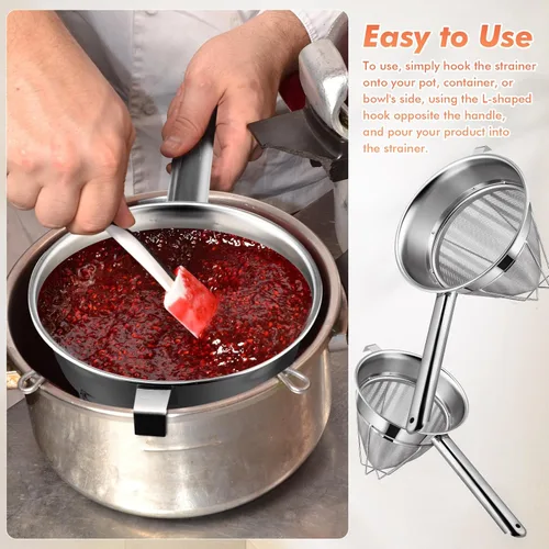 Miniatura 5 de Nuogo Juego de 2 coladores chinos de acero inoxidable de malla fina de metal para caldo de alimentos, colador de malla fina con mango y espátula