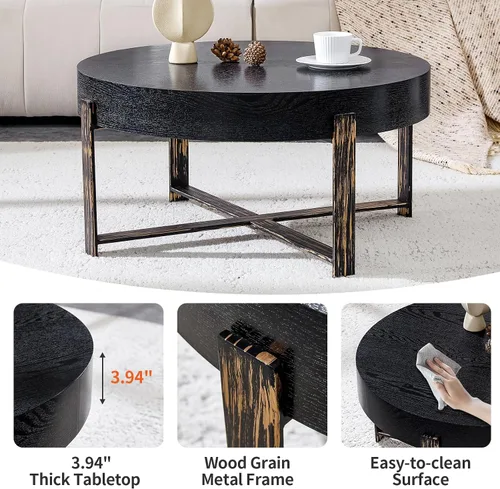 Miniatura 4 de Mesa de centro redonda de 30.7 pulgadas, mesas de centro modernas para sala de estar, mesa de té circular de madera con patas de metal