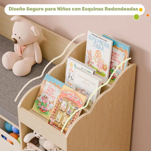 Miniatura 9 de MU Estantería para niños con rincón de lectura, organizador de almacenamiento de juguetes de madera con pizarra y banco, rincón de lectura