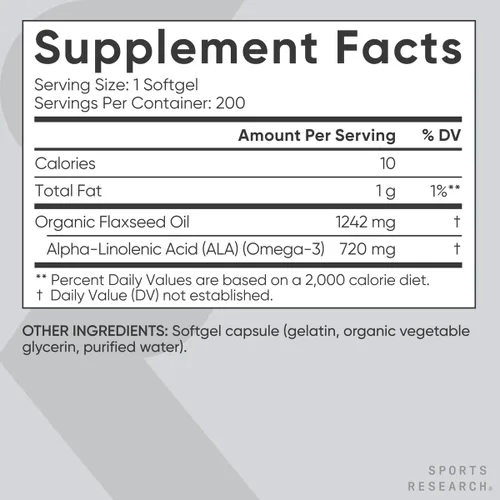 Miniatura 5 de Sports Research Cápsulas blandas de aceite de linaza orgánico de 1242 mg, suplemento Omega 3 a base de plantas con 720 mg de ALA para mujeres
