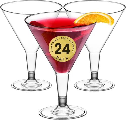 DecorRack 24 vasos de Martini, 7 onzas, sin BPA, vaso de plástico en forma de V, perfecto para fiestas al aire libre, bodas, anfitriones, apilables,