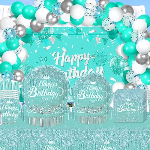 Miniatura 6 de Vajilla de fiesta verde azulado y plateado, paquete completo para cumpleaños, fiesta de baby shower, incluye platos, vasos, servilletas, pajitas