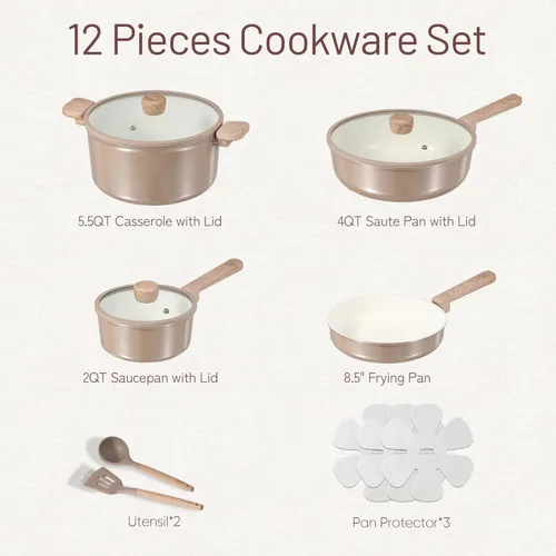 Miniatura 2 de CAROTE Juego de 12 piezas de ollas y sartenes de cerámica antiadherentes, juego de utensilios de cocina saludables, sin PFAS/PFOA, juego de cocina