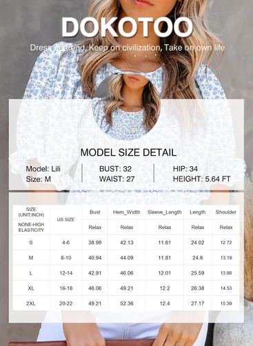 Miniatura 6 de Dokotoo Blusas con Estampado Floral para Mujer Cuello Redondo Fruncidas Manga Abombada Camisas Casuales Tops Babydoll
