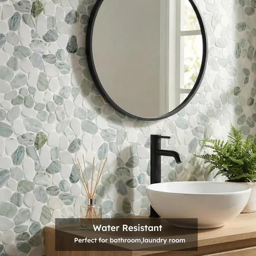 Miniatura 6 de Diflart Azulejo de piedra natural para suelo de ducha, ovalado verde esmeralda, 4 hojas, mosaico de guijarros en rodajas para cocina, baño, suelo