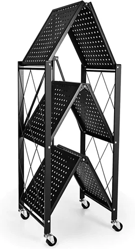 Miniatura 7 de HealSmart Estante de metal plegable de 3 niveles resistente, 14.96 pulgadas de profundidad x 27.95 pulgadas de ancho x 34.25 pulgadas de alto, Negro