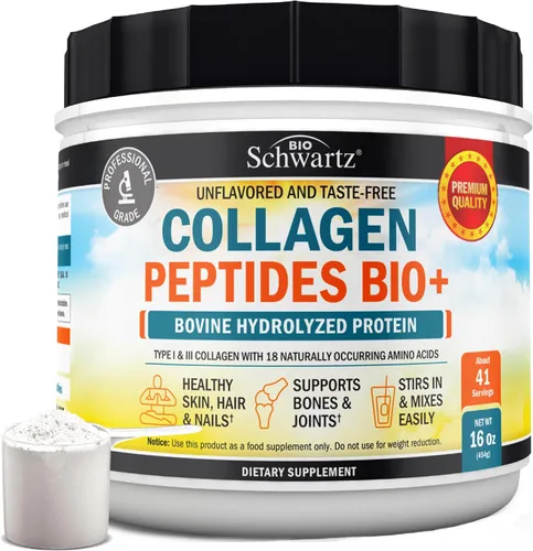 BioSchwartz Polvo de péptidos de colágeno para mujeres y hombres – Polvo de colágeno hidrolizado alimentado con pasto – Tipos I y III con 0.35 oz de