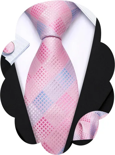 Miniatura 44 de Barry.Wang Juego de corbatas a cuadros para hombre con pañuelo gemelos de rayas clásicas