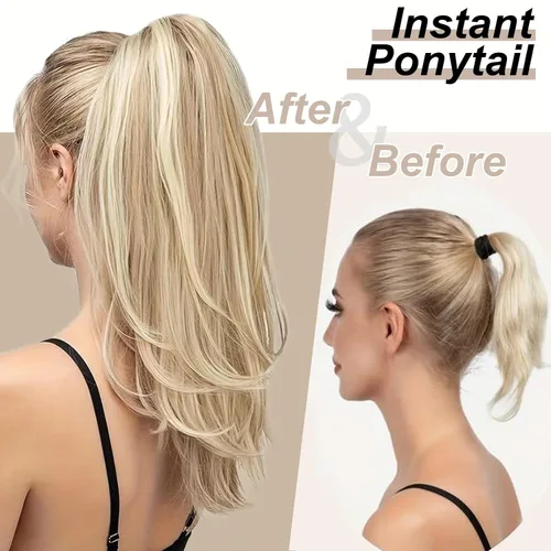 Miniatura 2 de Extensión de cola de caballo de cabello lacio, mezcla de extensiones de cola de caballo con cordón, rubias para mujer, múltiples capas, sintético