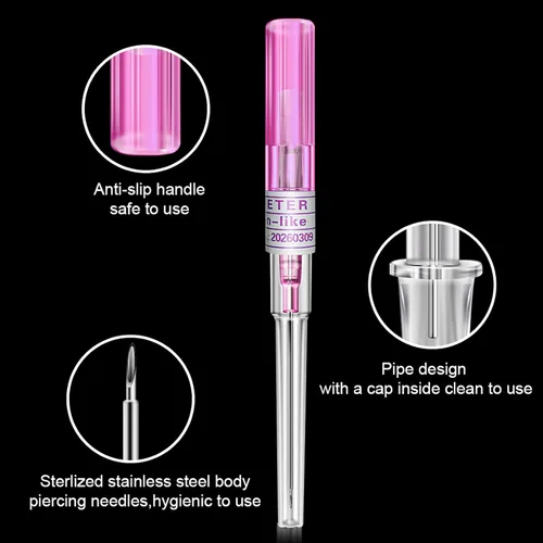 Miniatura 2 de 20G Agujas para piercing con catéter - 6 piezas de agujas para perforación, agujas huecas para catéter para oreja, nariz, ombligo, pezón, labio