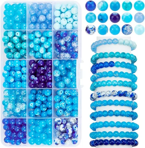 Miniatura 6 de PH PandaHall 450 cuentas de vidrio azul de 0.315 pulgadas, 15 estilos de cuentas de vidrio agrietadas de color azul marino, cuentas redondas sueltas