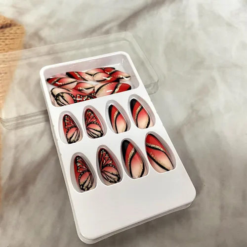 Miniatura 5 de Uñas postizas a presión con degradado rojo, almendra, longitud media, purpurina y líneas negras, uñas postizas de cobertura completa, uñas postizas