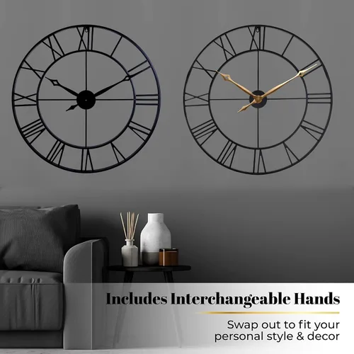 Miniatura 5 de CLXEAST Reloj de Pared Grande de 30 Pulgadas Moderno, de Gran Tamaño con Números Romanos Decorativo de Metal Negro Reloj de Pared para Decoración