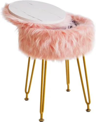 Miniatura 13 de IBUYKE Taburete de Vanidad Redondo de Piel Sintética con Almacenamiento, Silla Otomana de Maquillaje Peluda, Asiento Acolchado Suave, Reposapiés