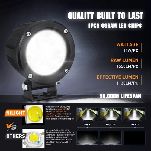 Miniatura 3 de Nilight Focos LED Redondos de 3 Pulgadas para Motocicleta, 2 Unidades, Focos LED Antiniebla Puntuales de 1550LM con EMC Integrado, Luz Auxiliar