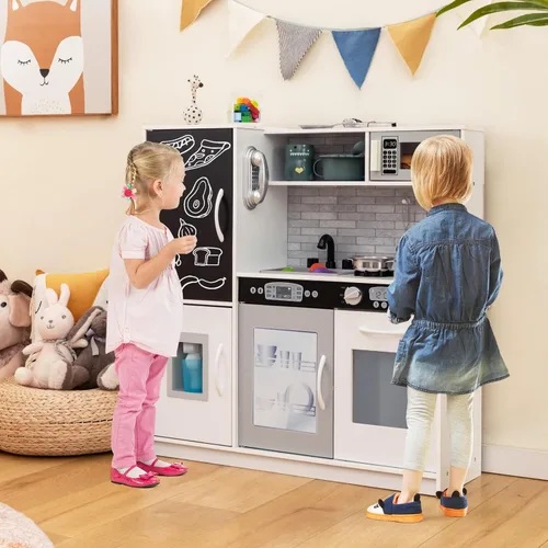 Miniatura 7 de Costzon Juego de Cocina para Niños, Set de Juguetes de Cocina de Madera de Simulación con Sonido Realista, Pizarra Grande, Teléfono, Microondas, gris