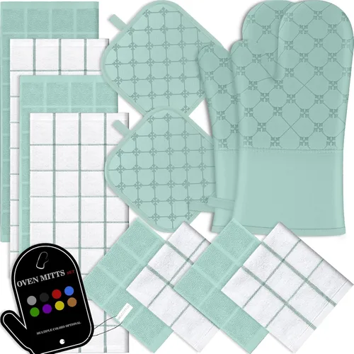 Miniatura 14 de Juego de 12 manoplas de cocina con soportes para ollas, juego de 12 paños de cocina, guantes de horno, almohadillas resistentes al calor a 500 Beige