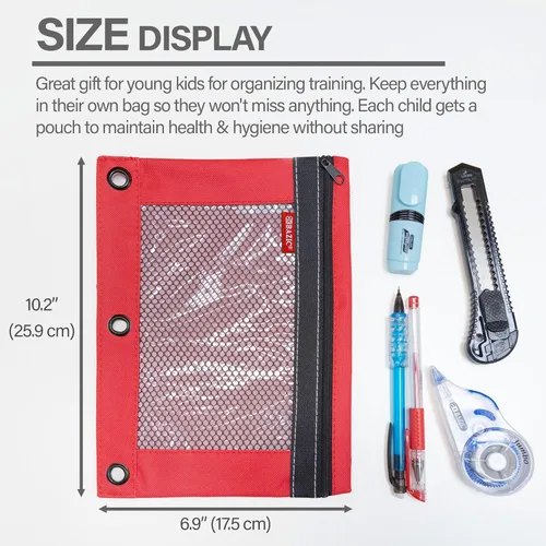Miniatura 2 de BAZIC Products Estuche para lápices de 3 anillos con agujeros de anillos reforzados con remaches, bolsas de malla de colores surtidos con cremallera