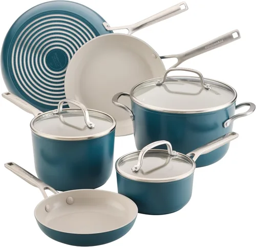KitchenAid Juego de ollas y sartenes antiadherentes de inducción de cerámica anodizada dura con cacerolas, sartenes, olla y tapas, apto para