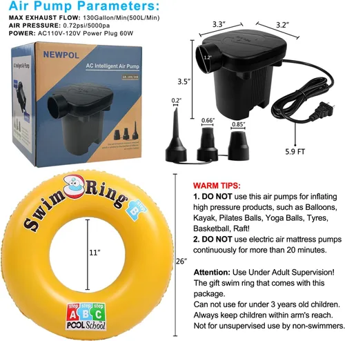 Miniatura 3 de Newpol Inflatable Bed Pump, Electric Air Pump with Free Swimming Ring for Air Mattress Beds, Inflatable Swimming Pools, Swimming Rings