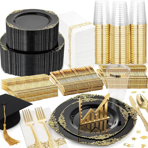 Nervure - 350 platos de plástico negro - Juegos de vajilla de plástico negro para 50 invitados - 100 platos desechables, 150 cubiertos dorados, 50