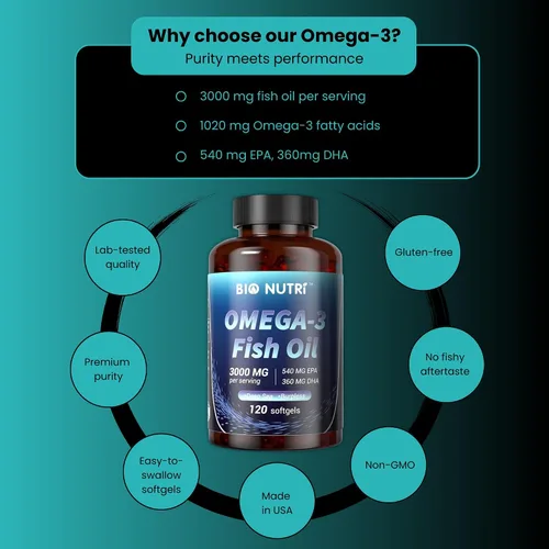 Miniatura 3 de BIO NUTRI Suplementos de aceite de pescado Omega 3 - 3000 mg de aceite de pescado con EPA DHA - Soporte de ácidos grasos Omega 3 - 120 cápsulas