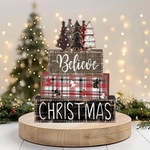 Miniatura 2 de DIYDEC 4 piezas de decoración de mesa de Navidad, árbol de Navidad, letrero de bloque de madera, decoración de bandeja escalonada de Navidad, pieza
