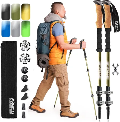Foxelli Bastones de trekking – Bastones de trekking plegables ligeros para hombres y mujeres, equilibrio perfecto y apoyo para personas mayores Caqui