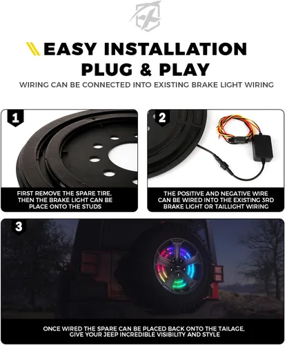 Miniatura 7 de Xprite Luz de freno de neumático de repuesto RGB, luz de rueda trasera de doble anillo compatible con Jeep Wrangler JK JKU 2007-2018, tercera