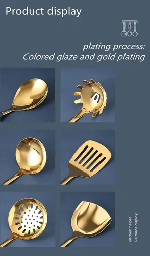 Miniatura 8 de AQUAX Juego de utensilios de cocina de acero inoxidable de siete piezas (oro blanco). Juego de 7 utensilios de cocina con estante para colgar.