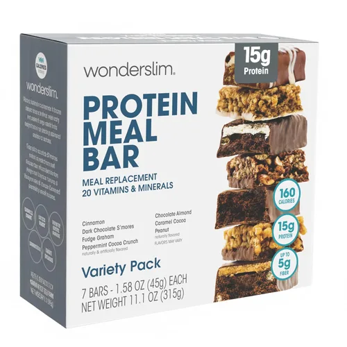 Miniatura 16 de Barra de proteínas WonderSlim para reemplazo de comida, Caramelo y Cacao, 15g de proteína, 20 vitaminas y minerales, sin gluten (7 unidades)