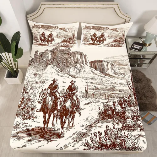 Miniatura 9 de Erosebridal Sábana bajera ajustable de vaquero, tamaño individual, desierto salvaje oeste americano, ilustración dibujada a mano, para decoración