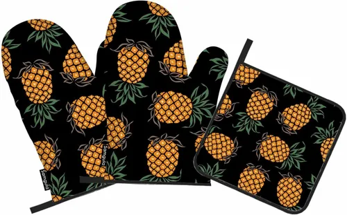 Juego de manoplas de horno y soportes para ollas de piña, frutas tropicales, arte exótico hawaiano, resistente al calor, 3 piezas para cocinar,